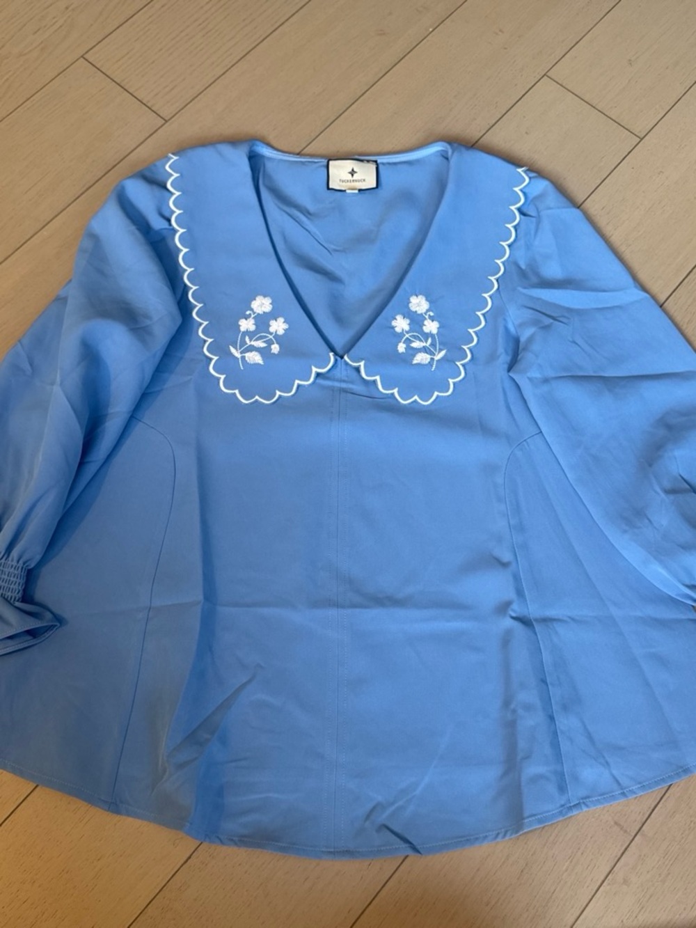 Tuckernuck Scalloped Collar Embroidered Blue Women's Top